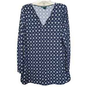 Lauren Ralph Lauren Blue Geo Print Split Neck Long Sleeve Tunic Size Large